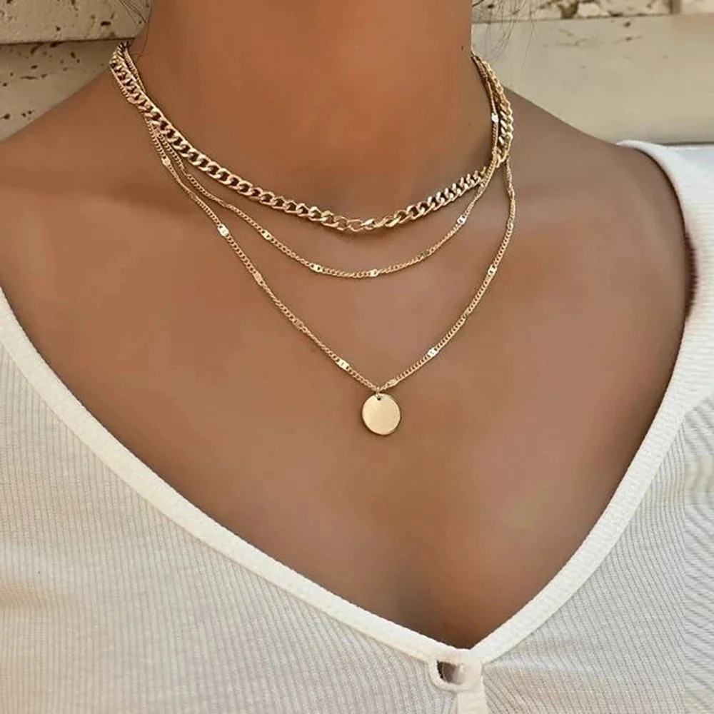 

18K Gold Necklace Set Layered Pendant Chain Necklace Female Circle Luxury Cuban Designer Jewelry Necklace, 1colors