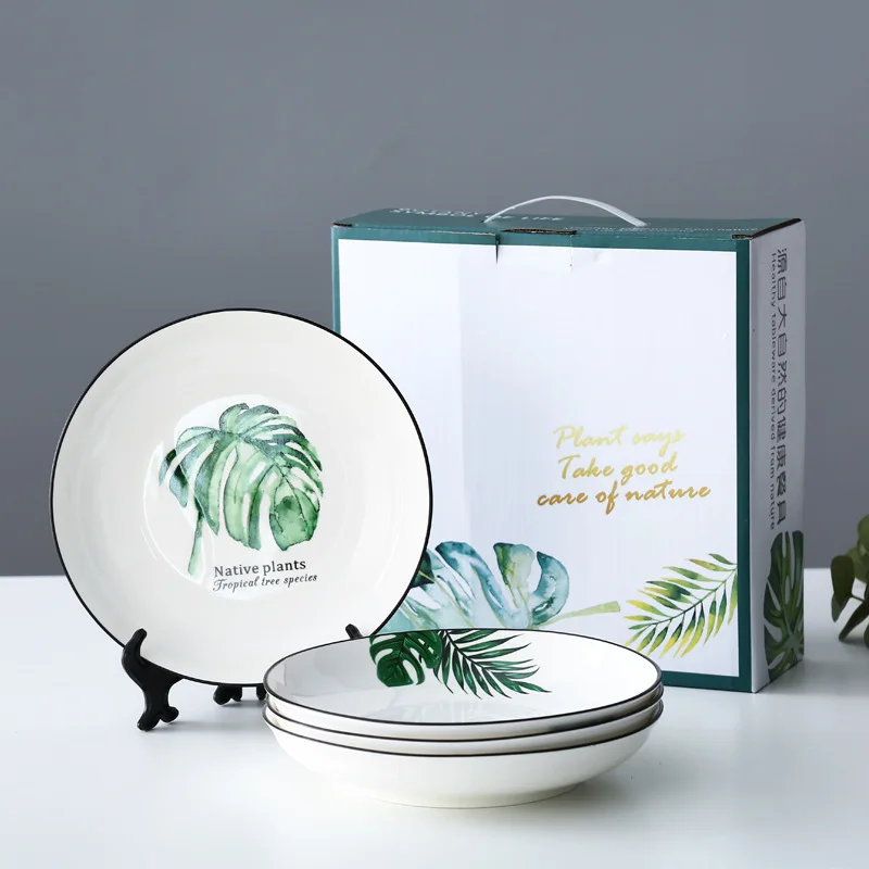 

Wholesale palm leaf prined ceramic plate set dinnerware, Same as the picture