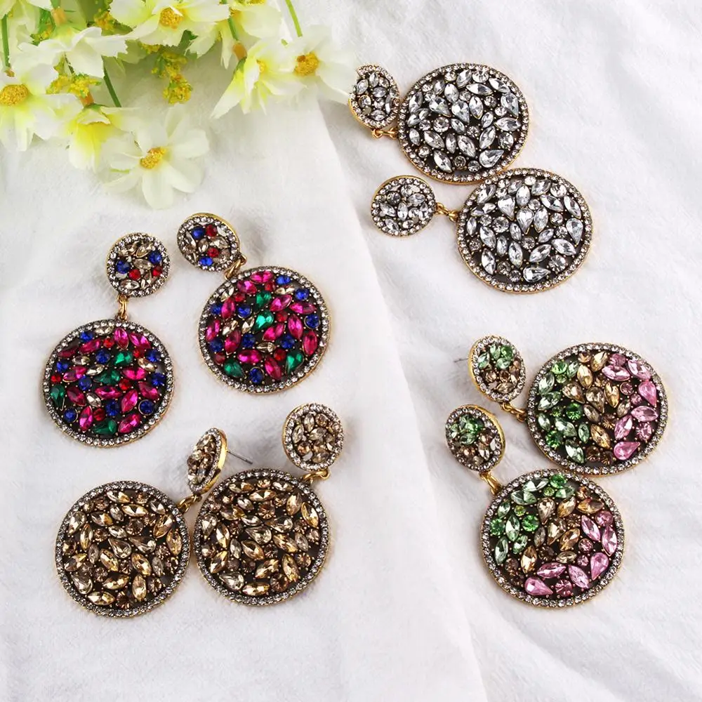 

Fashion Luxury Alloy Big Rhinestone Gold Round Crystal Designer Earrings For Cute Girls, Pink