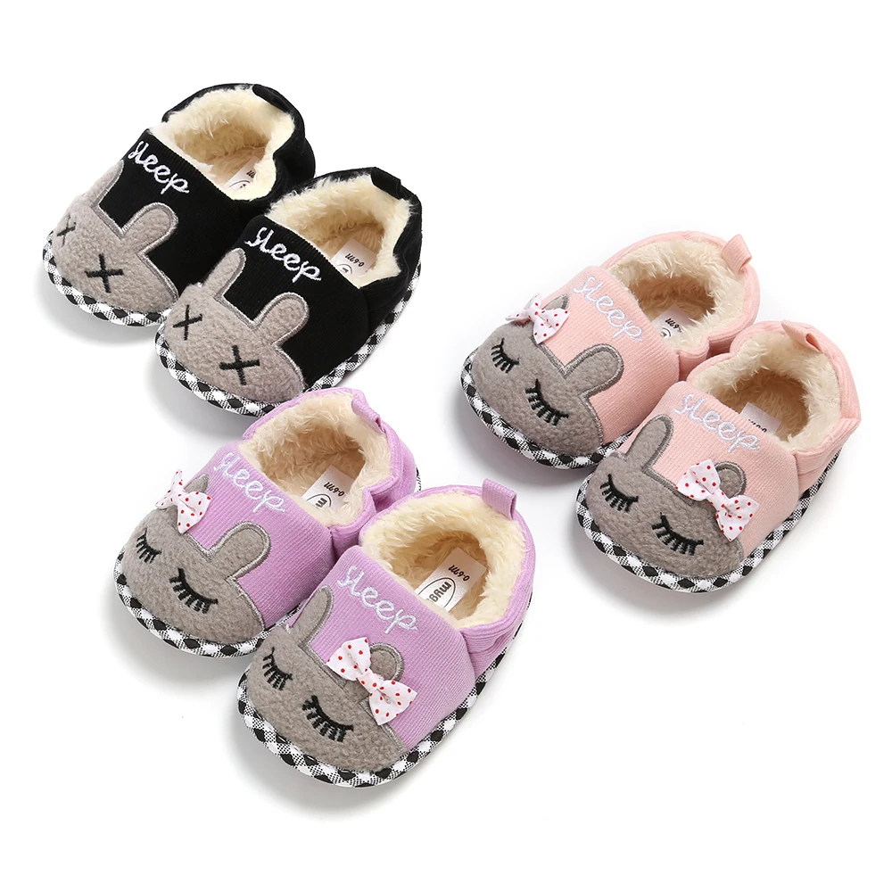 

New style winter Cotton fabric lovely rabbit warm plush slip on infant toddler shoes, Pink, black, purple