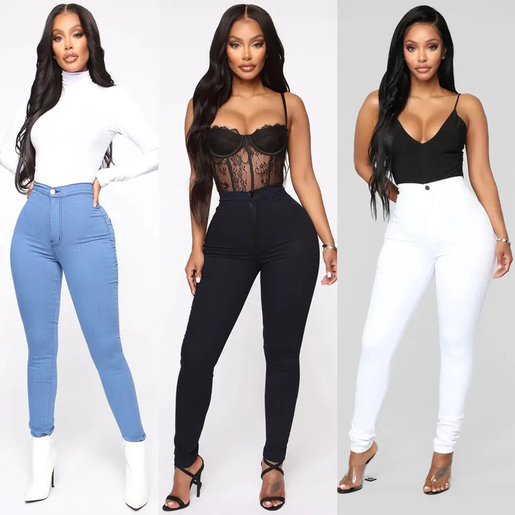 

Customized High Rise Casual Denim Colombian Super Stretch Hip Ripped Slim Long Pants Fit Jeans Woman Plus Size, Black & blue & white