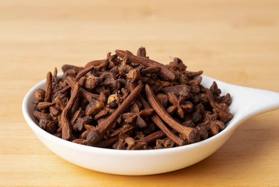 Fresh whole cloves displayed in a glass jar next to ground cloves