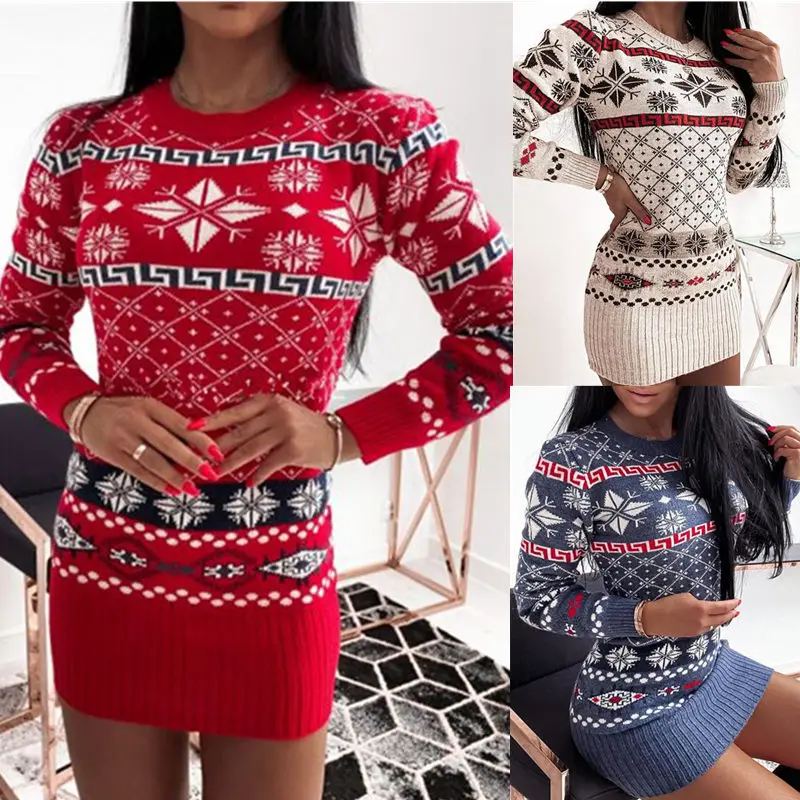 

Newest Autumn Winter Knitted Printed Designer Custom Women Christmas Sweater Dress