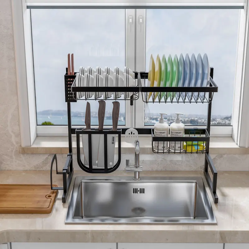 

modern kitchen restaurant shelves Over the Sink Saving Space Kitchen Metal Black Dish Drying Rack