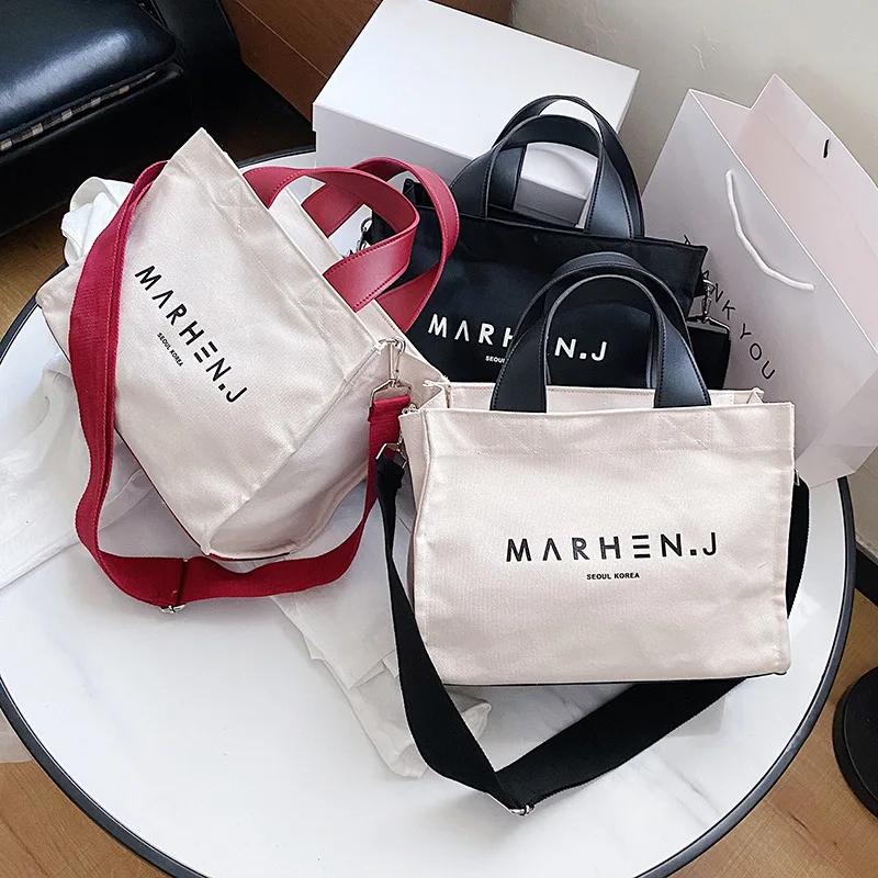 

Korean Ins Canvas Women's Bag Large-Capacity Simple Messenger Handbag Pu leather Handle Tote Bag Portable