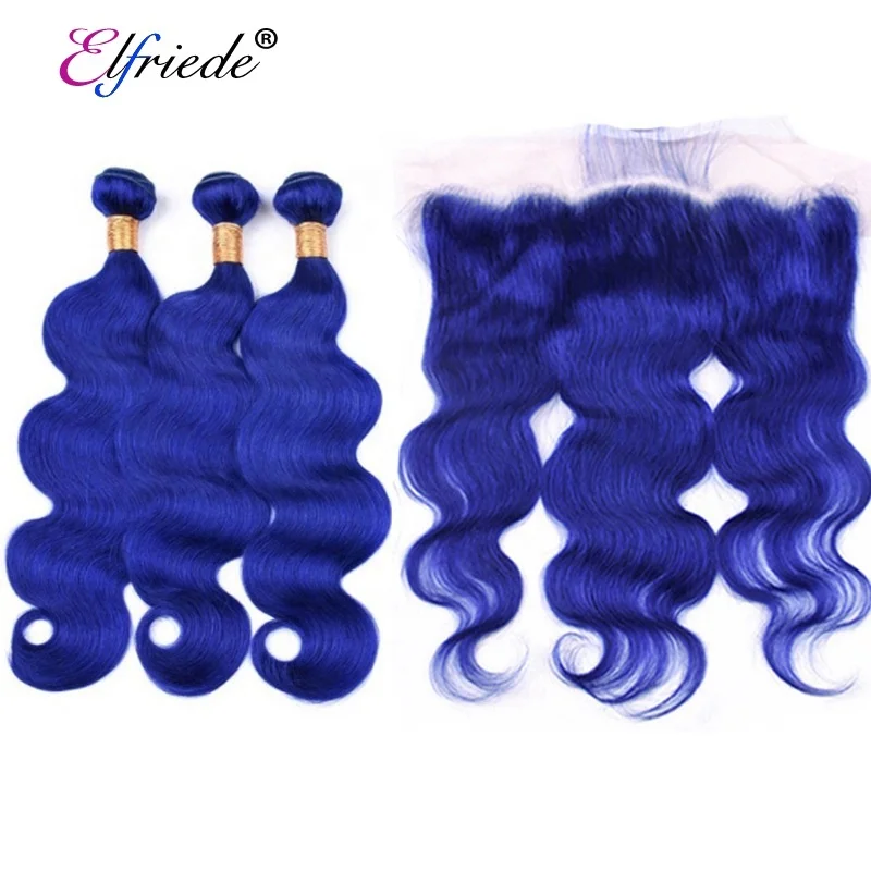 

Blue Body Wave Hair Wefts with Frontal Brazilian Remy Human Hair Weaving Bundles with 13"x4" Lace Frontal Closure JCXT-92