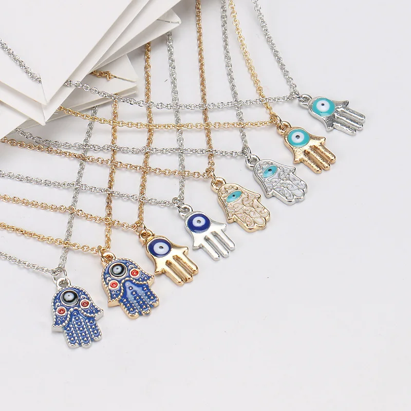 

Fashion Fatima Hamsa Hand Silver Gold Blue Evil Eyes Stainless Steel Enamel Charm Necklace With Cards, Picture color