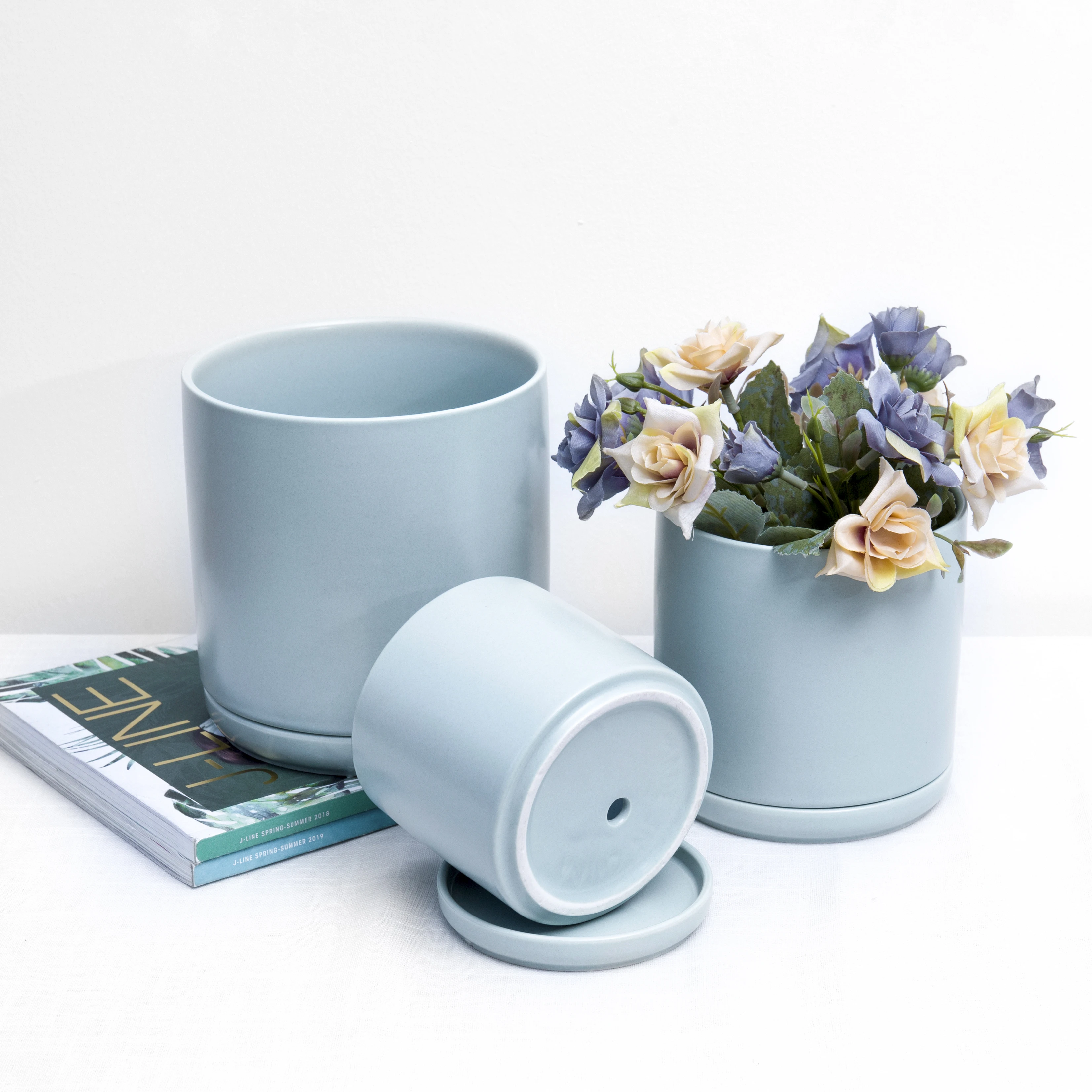 

Modern 3pcs set Matt Blue indoor ceramic flower plant pots with saucer
