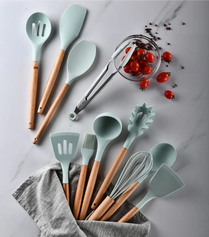 

Amazon 12 PCS Kitchen Silicone Spatula Utensil cookware Sets Safe For Home or Wooden Handle Protects Hands, Customized