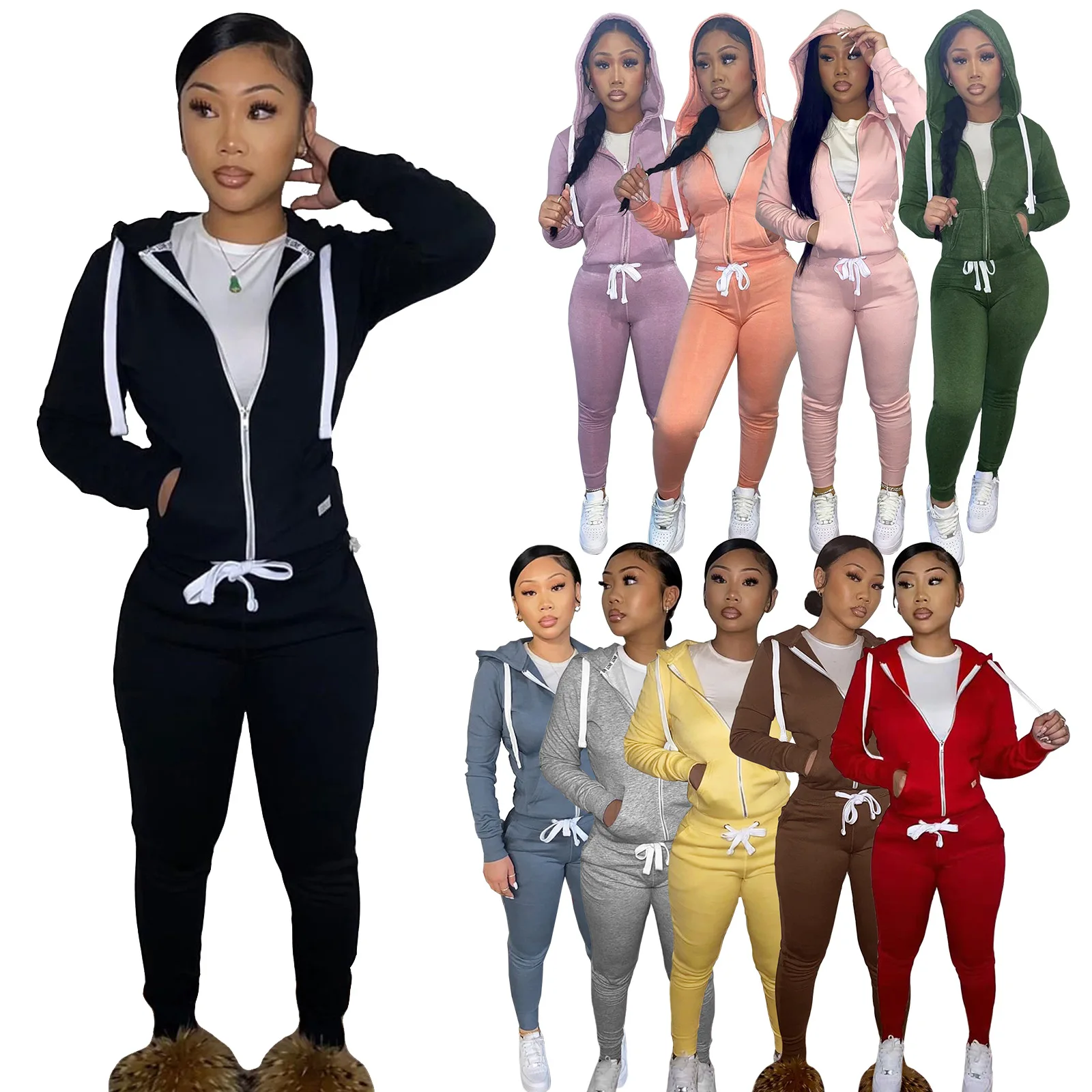 

Cotton Fleece Drawstring jogging suits winter jogger set zip cardigan women sweatpants and hoodie set tracksuit fall set woman