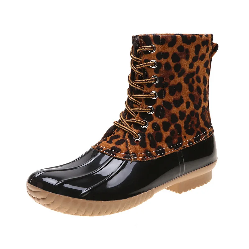 

New Pu Leather Duck Boots Leopard Waterproof Rain Boots Female Winter Jelly Rubber Ankle Boots Fur Booties, Pink silver brown leopard