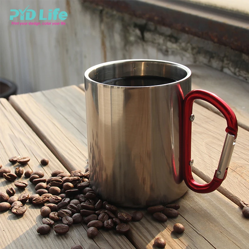 

Free Sample Silver Stainless Steel Metal Mug With Carabiner Custom Logo Print In Stock, Silver/white