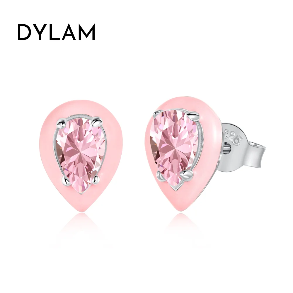 Dylam Colorful Water Drop Cubic Zircon 925 Sterling Silver Unique Gold Stud Earring Cute Trendy Enamel Fine Jewelry Earrings