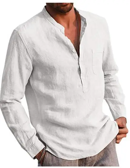 

Men long sleeved V neck casual beach linen t shirt