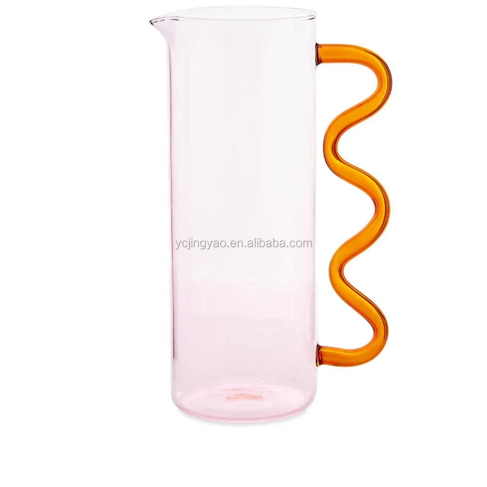 

Custom Blown Decorative Heat Resistant Pyrex Borosilicate Pink Colored Glass Water Wave Jug Pitcher with Teal Handle, Amber