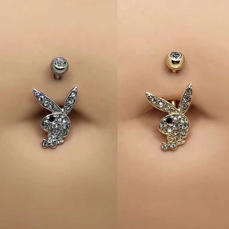 

Clear Gem and Black Gem Eye Rabbit Gold Bunny Belly Ring Body Piercing Jewelry, Clear, red, black