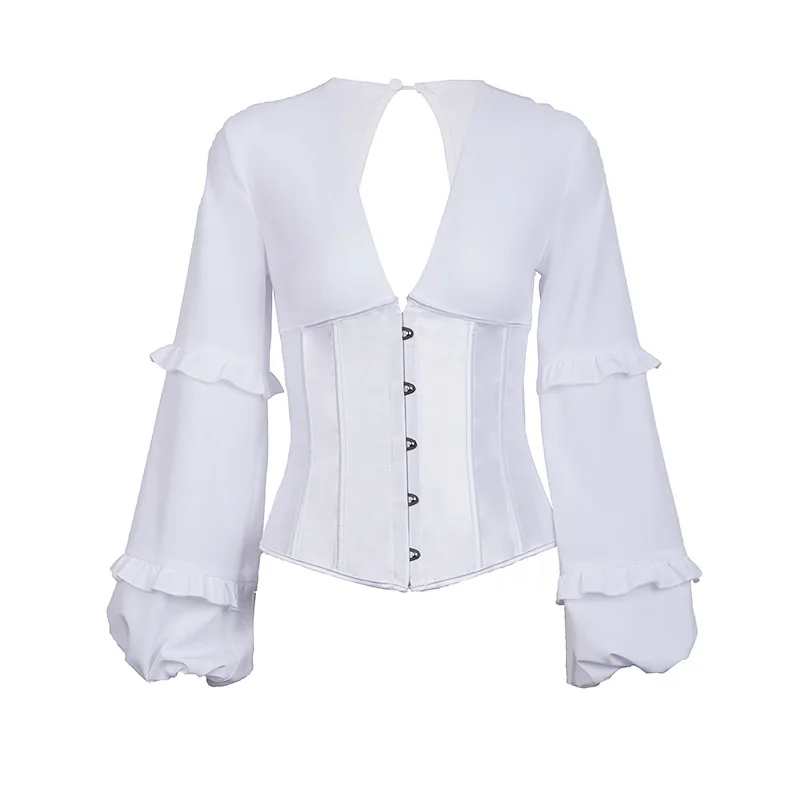 2020 New Dropshipping Long Lantern Sleeve Ladies Sexy V Neck Blouse Shirt Women Corset Bustier Tops