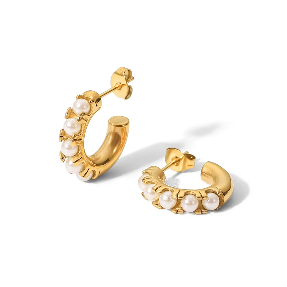 

Chunky Five Pearls Inlaid Stainless Steel Stud Earrings Waterproof 18K PVD Gold Plated Earrings