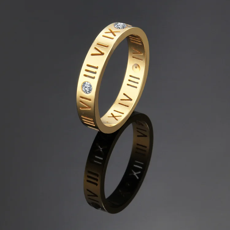 

New Design Roman Numerals Rose Gold Plated Hollow Stainless Steel Four Diamonds Couple Ring YF2434