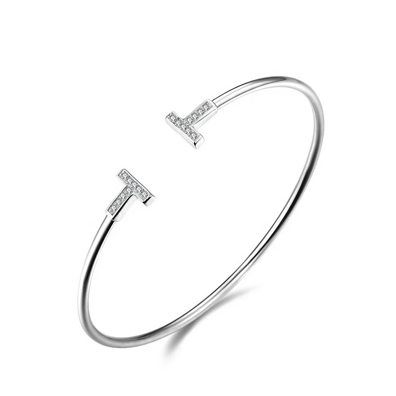

Popular Brand luxury charms gold plated jewelry 925 silver open design bar T shape bangle bracelet, Rose gold/white/18k gold