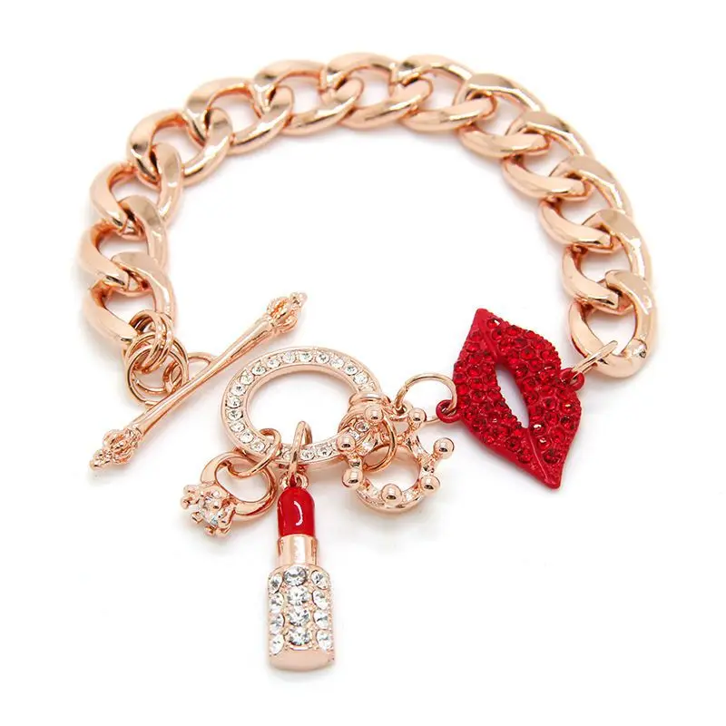 

Trade Assurance Fashion gold plated Charming Red Crystal Lip Charm Bracelet Rhinestone crown lipstick Women Bracelet, As picture
