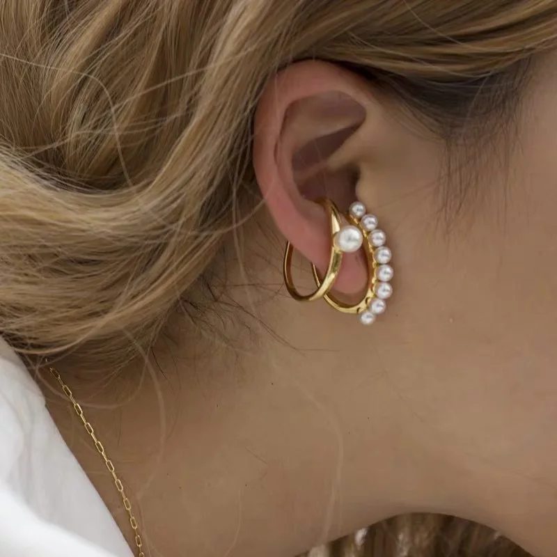 

Fashion Simple Gold Pearl Earrings Set Jewelry Ear-hanging Personality C - shaped Clip on Earrings Non Pierced, Photo