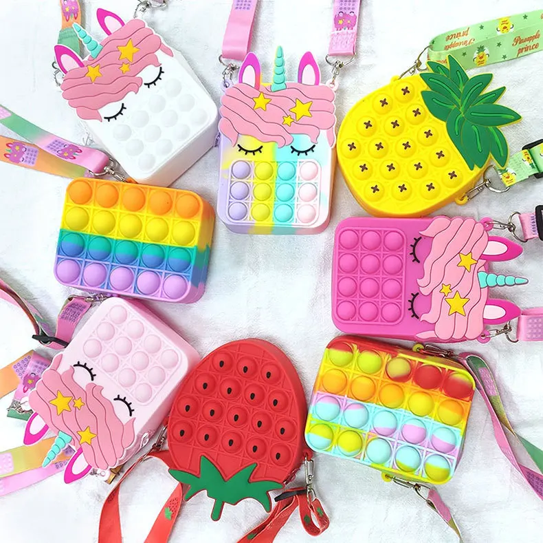 

silicone children bag preschoolers cute kids cartoon shaped strawberry pineapple push fidget pop bubble unicorn coin purse