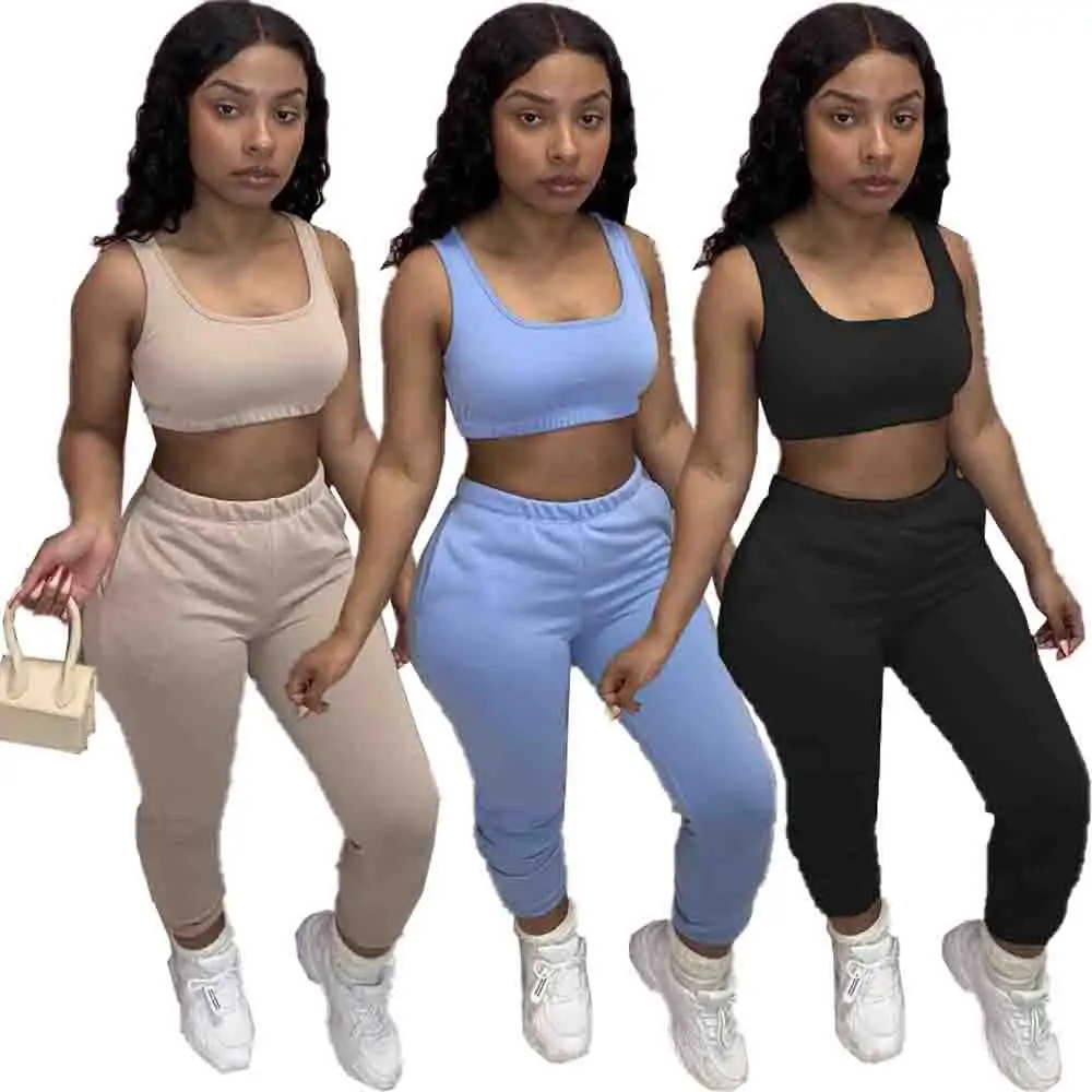 

M5208 Sport wear solid color vest two piece pants set for women jogger sweat suit summer tracksuit