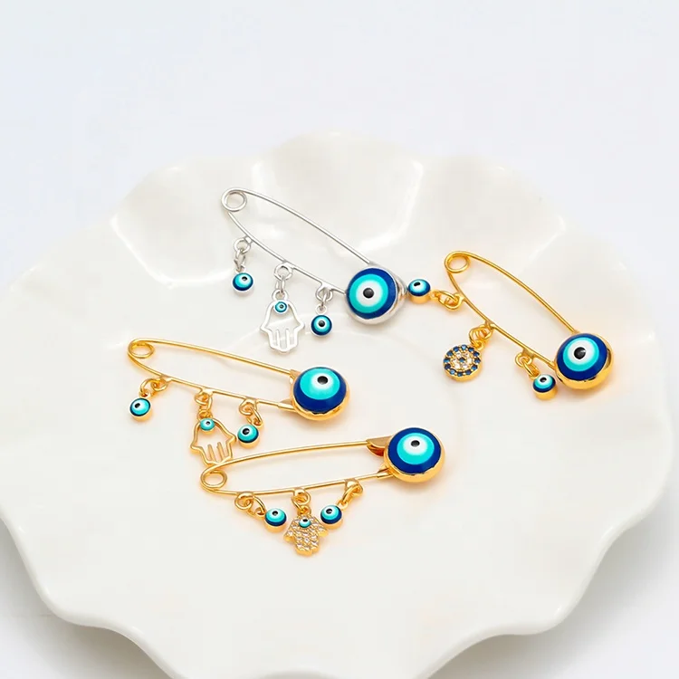 

New Style Simple Palm Turkey Blue Eye Diamond Crystal Collar Pin Evil Eyes Brooch Safety Charm Gold Collar Pin Brooch For Kids