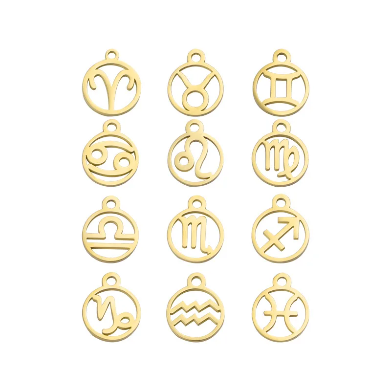 

Wholesale Gold Plated Hollow Out 12 Zodiac Sign Pendants Stainless Steel Zodiac Charms For Jewelry Making