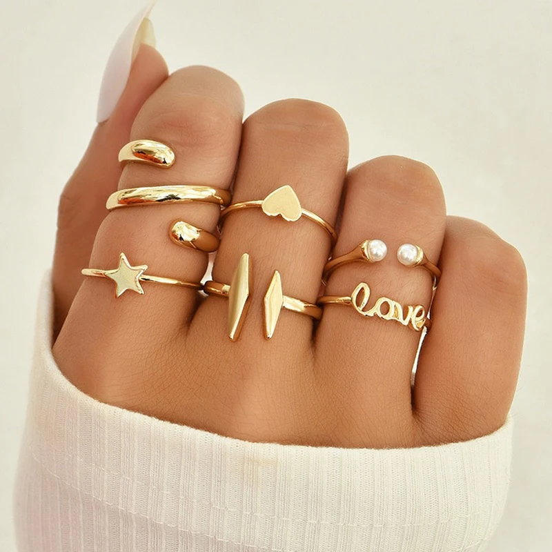 

Finetoo Punk Simple Cross Flower Finger Rings Girls Pearl Star Twist Geometric Ring Set for women