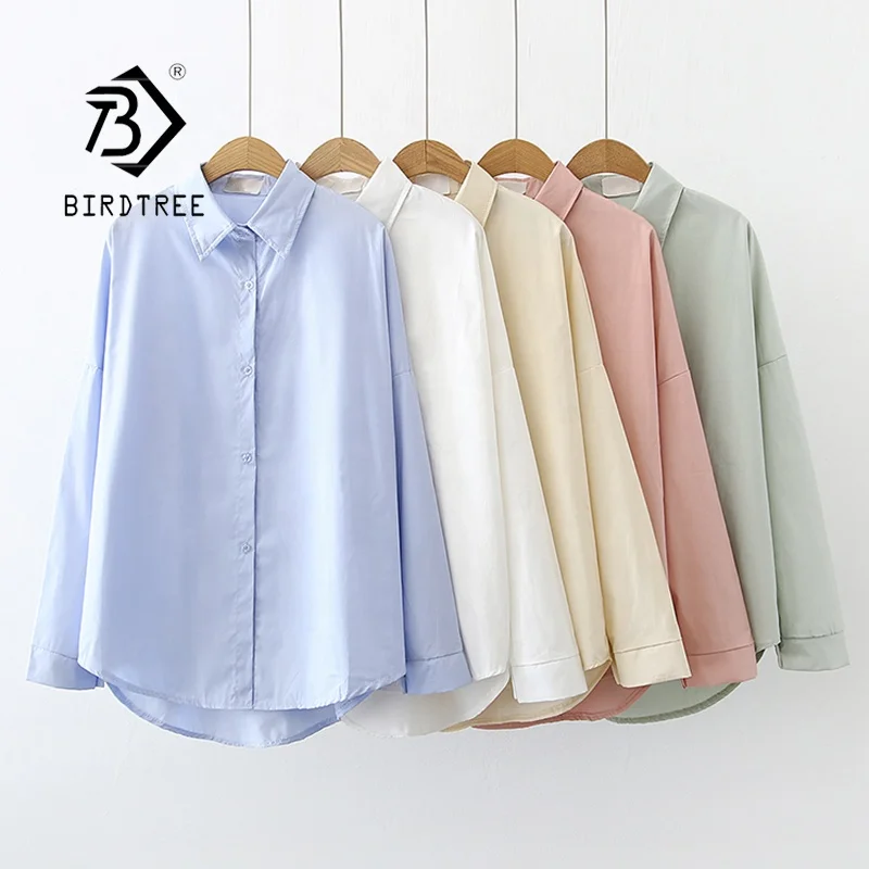 

New Plain Shirt Girls Spring Autumn Loose Blouse Long Sleeve Casual Turn Down Collar Button Up Fashion Tops for Women T0D716T, 5 colour