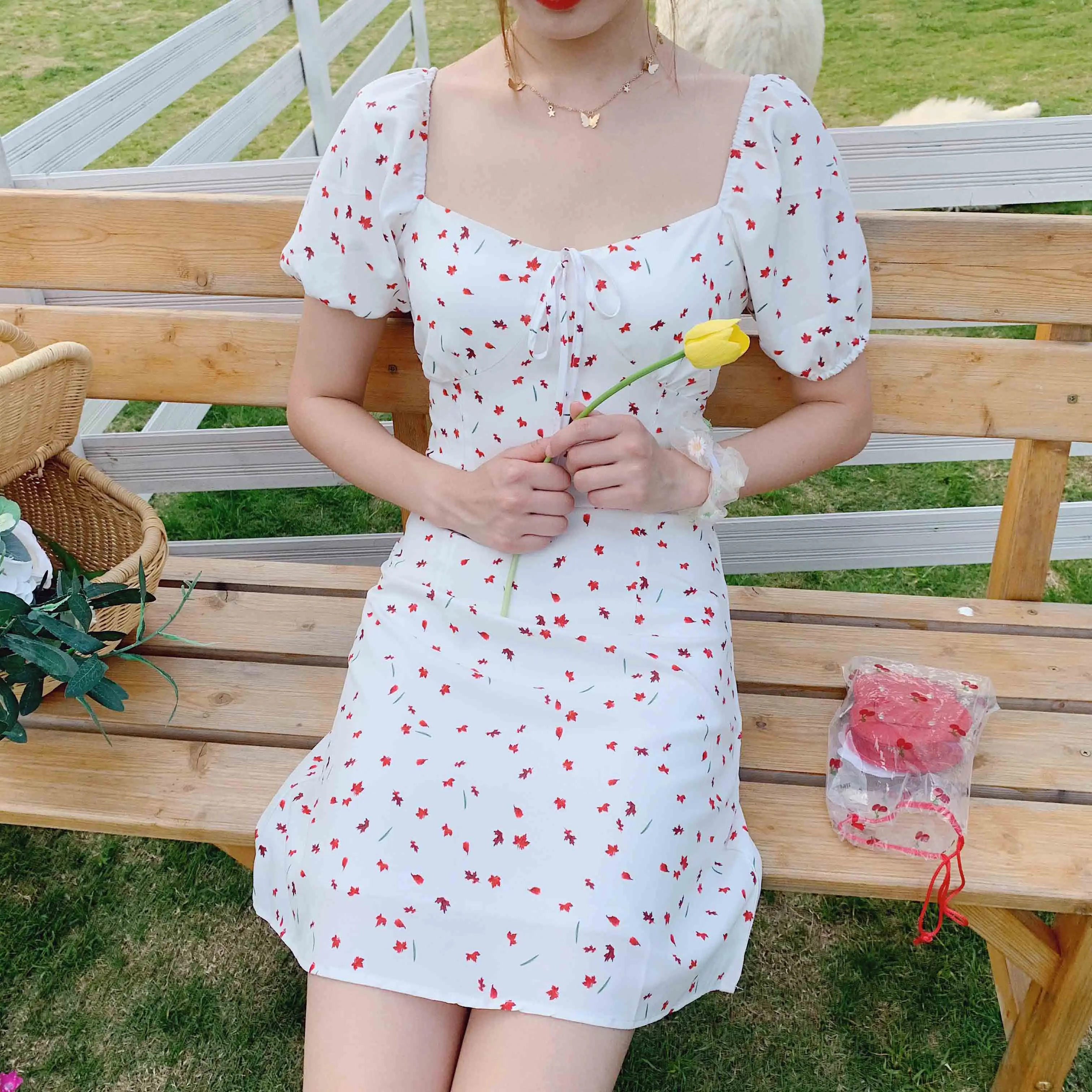 

Floral Vintage Square Collar Summer Summer Vintage A Line Dress Puff Sleeve Mini Casual Bow Ties White Dress Women