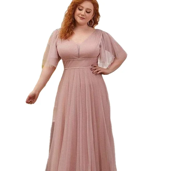 

Romantic V Neck Tulle with Ruffle Sleeves Plus Size Evening Dress