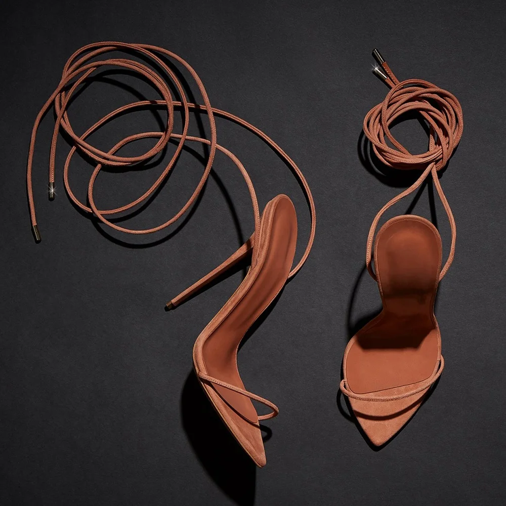 

Nude kid suede upper and laces strapping sexy high heels sandals for women and ladies, Customized color