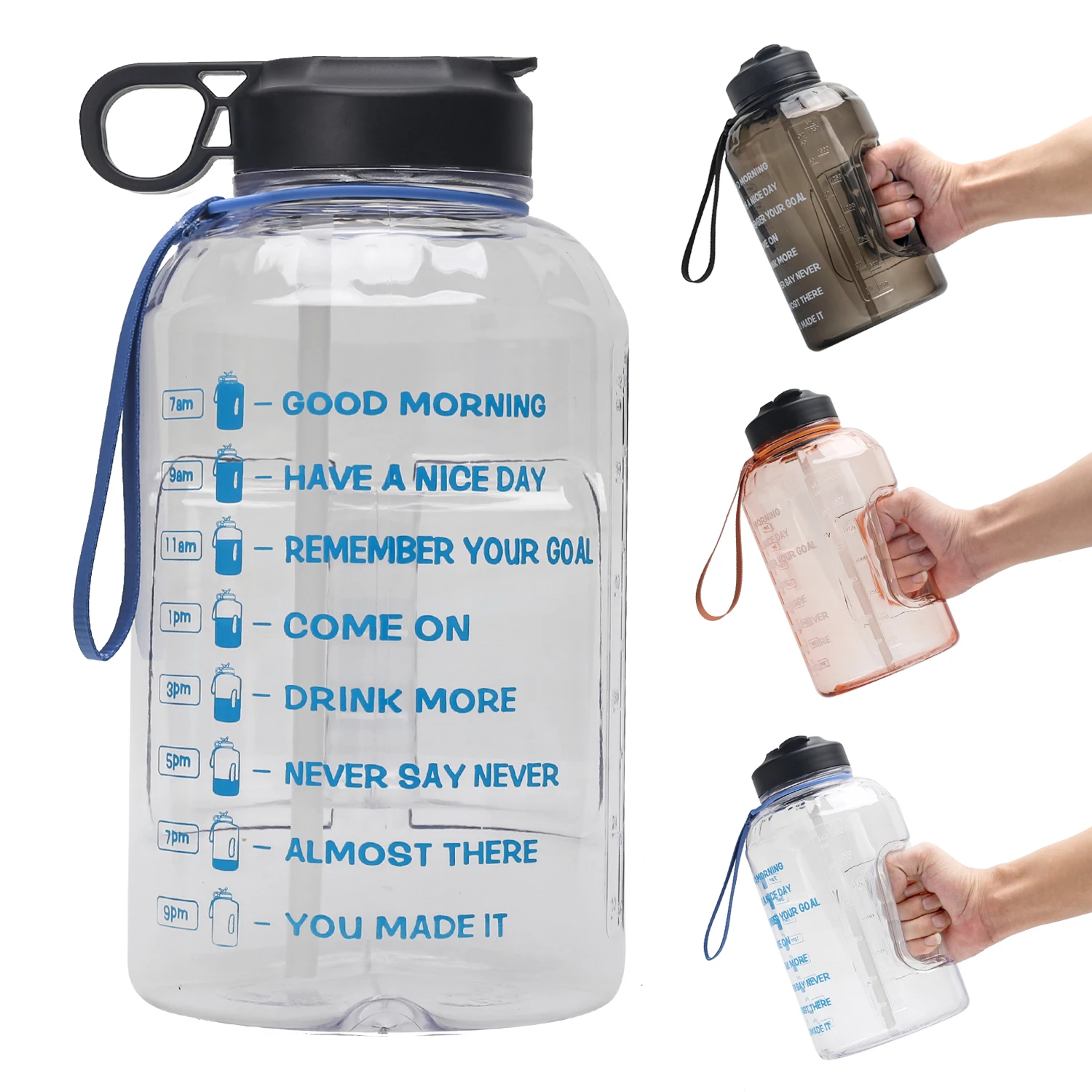 

2021new amazon 2.2L half gallon sport water bottle transparent Large Capacity motivational Water Bottle PETG Plastic Time Marker, Customized color