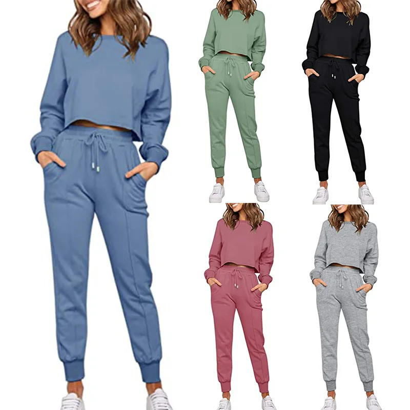 

Autumn Winter Casual Pullover Sweater Trendy Clothing Solid Color Long Sleeved Round Sweat Sets Long Pants Two Piece Set, 5 colors