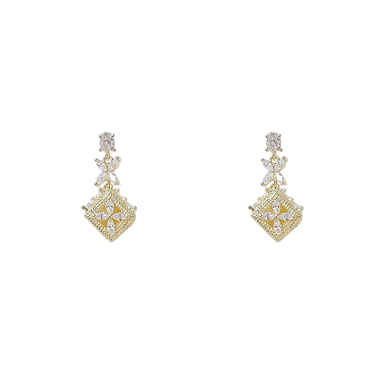 ED89260 Fashion korean gold plated brass zircon women jewelry flower dangle cube drop earrings