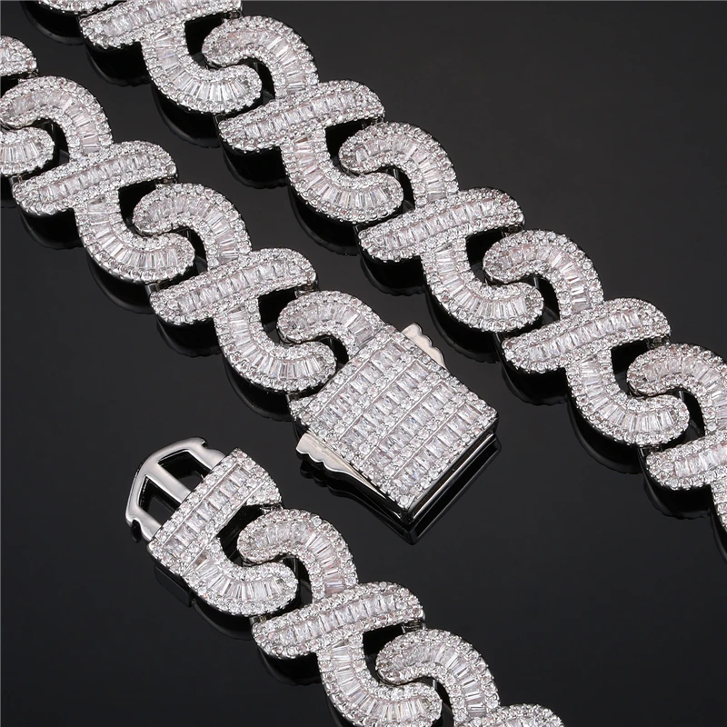 

Hip Hop 16MM Baguette Infinity Cuban Chain Iced Out Cubic Zirconia Bracelet Necklace For Men Women Jewelry