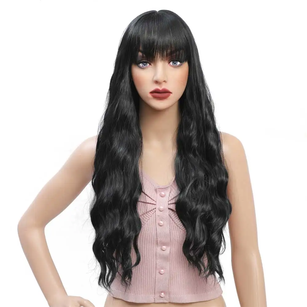 

G&T Wig Wholesale Long Black Wig with Air Bangs Water Wave Synthetic Hair for Women Heat Resistant, Multi color