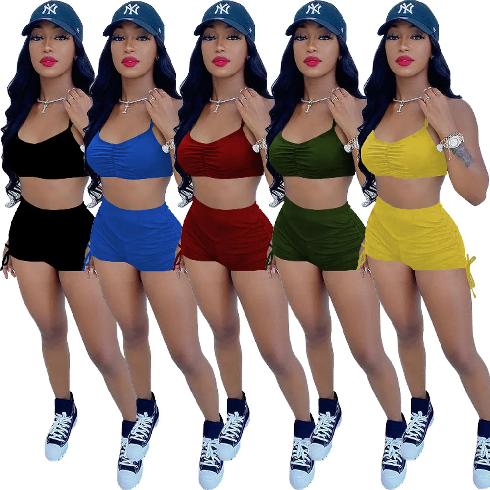 

New sexy ladies sexy halter tops casual shorts suit Solid color sports suit, 5 color
