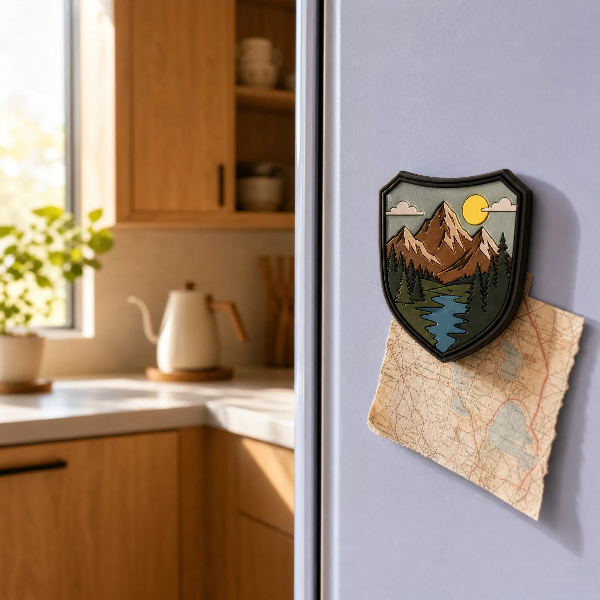 Mountain Shield PVC Magnet Holding Trail Map on Refrigerator Door in Cozy Kitchen