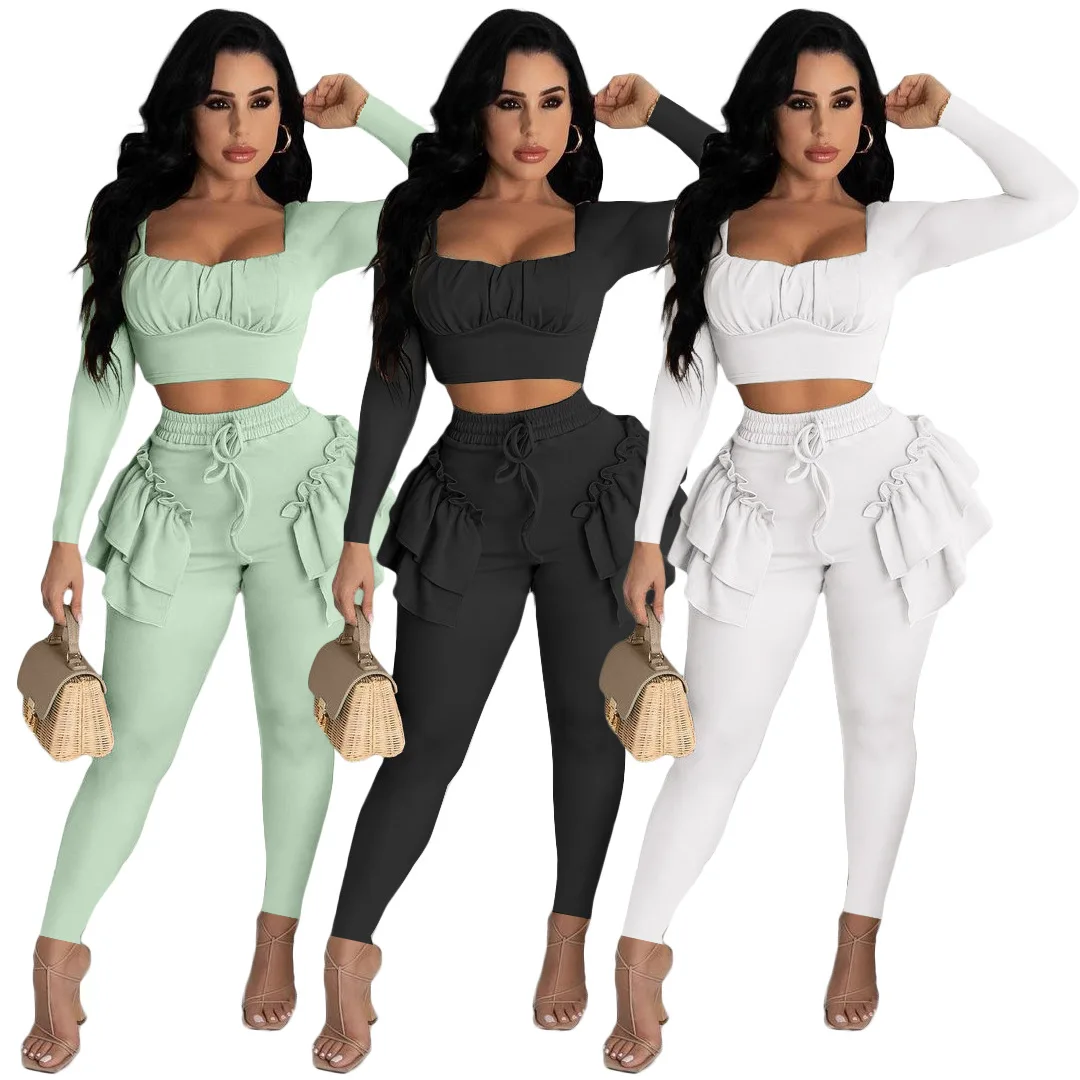 

JY032 Crop tops womans clothing 2 piece two piece fall sexy clothing ladies 2 piece pants set, Picture