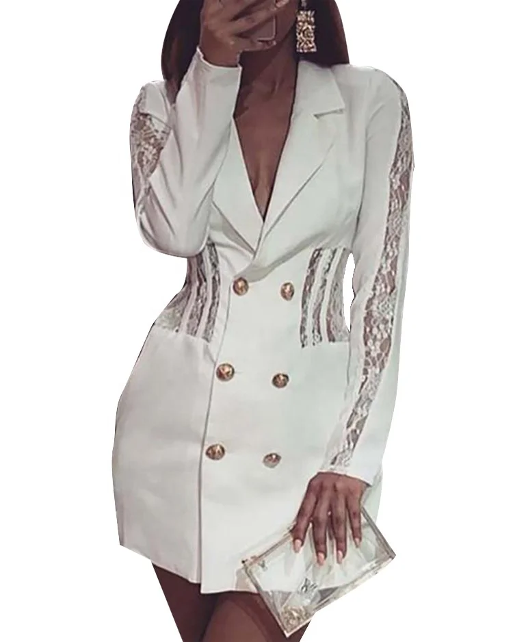 

B51468A Elegant office lady fashion lace patchwork blazer collar slim dress, White