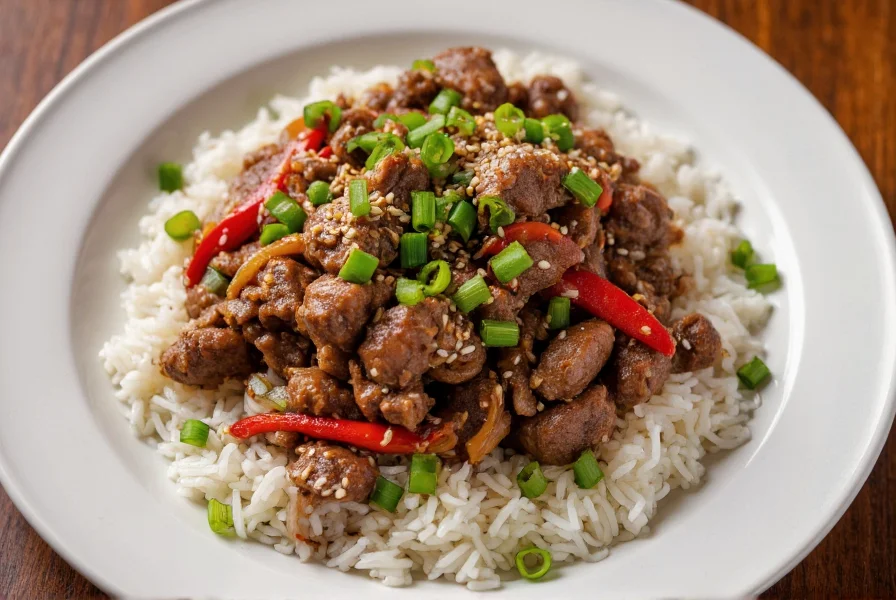 Pepper steak with onions served over steamed white rice with garnish of sesame seeds and green onions