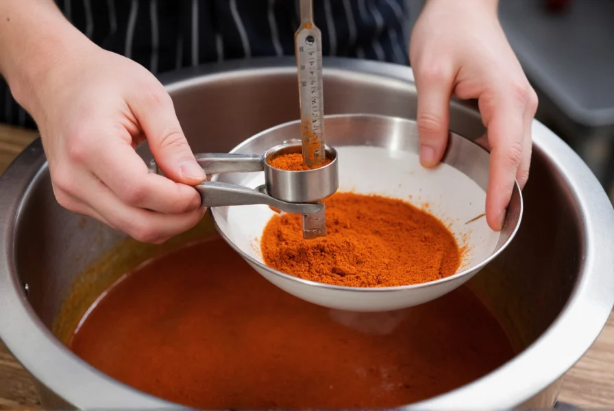 Chef carefully measuring chili powder into sauce with precision tools and heat level chart reference