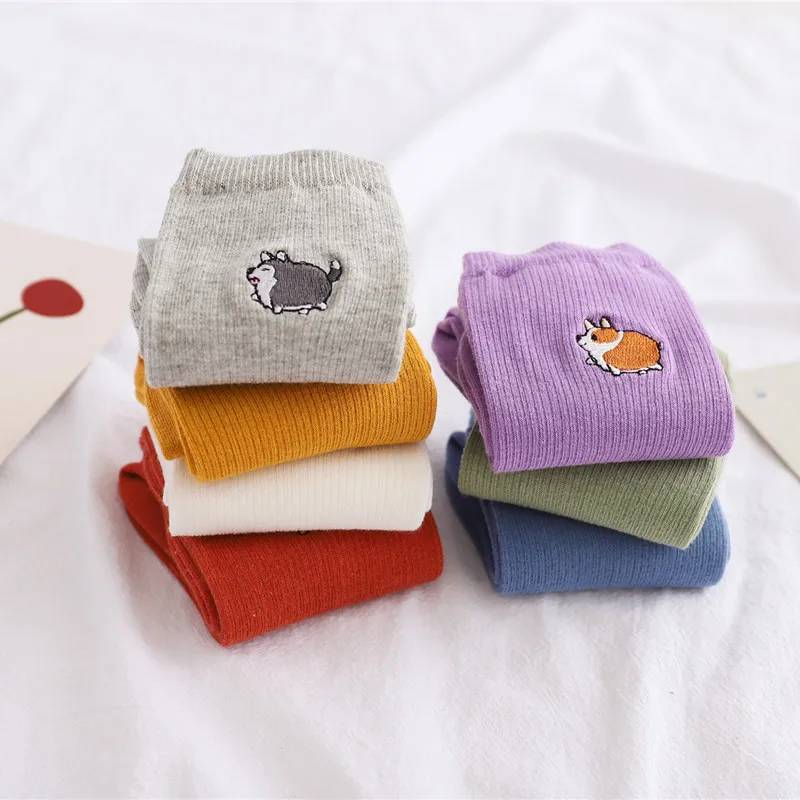 

Custom Teen Girl Women Crew Socks Embroidered Animal Cute Solid Color Colorful 100%Cotton Slouch Socks, Picture