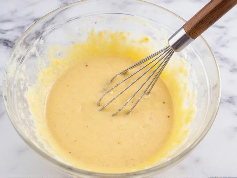 Whisking waffle batter in glass bowl with ingredients
