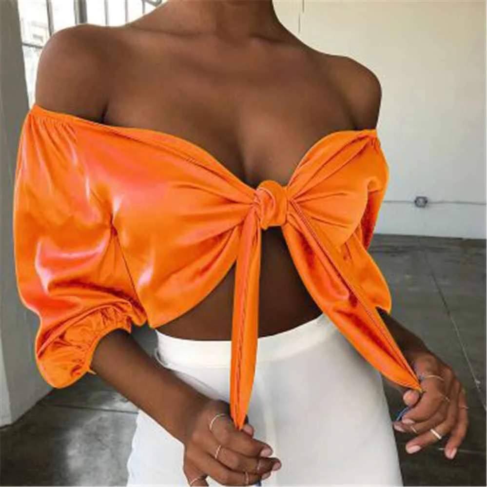 

Summer Fashion Bow Tie Off Shoulder Tank Top Sexy Crop Women Beach Short Top for Lady