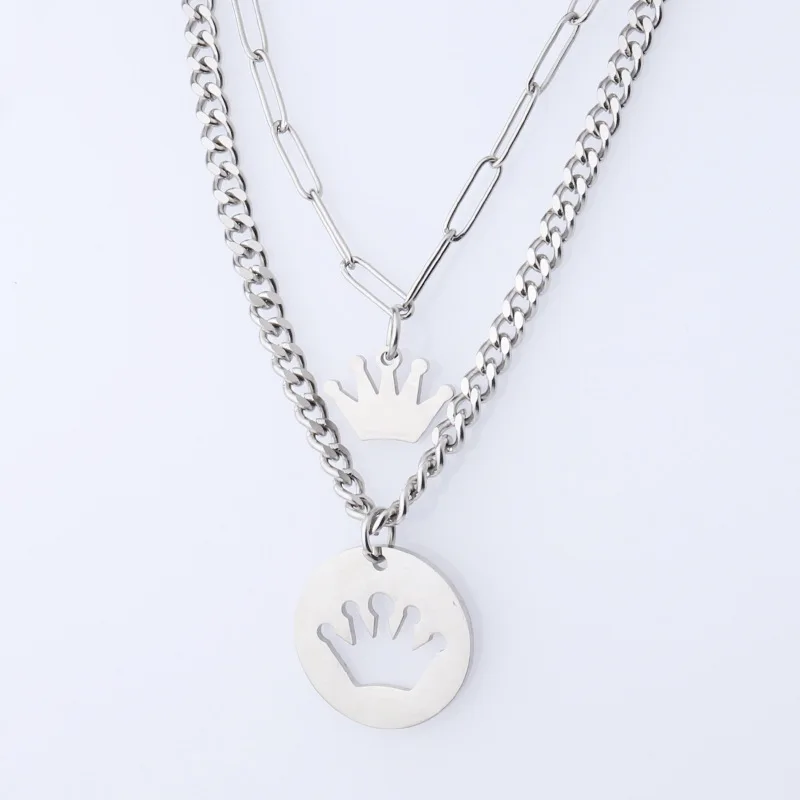

Hip Hop High Polished Unisex Women Double Two Layers Stainless Steel Laserable Engravable Crown Pendant Jewelry Necklace For Men, Silver